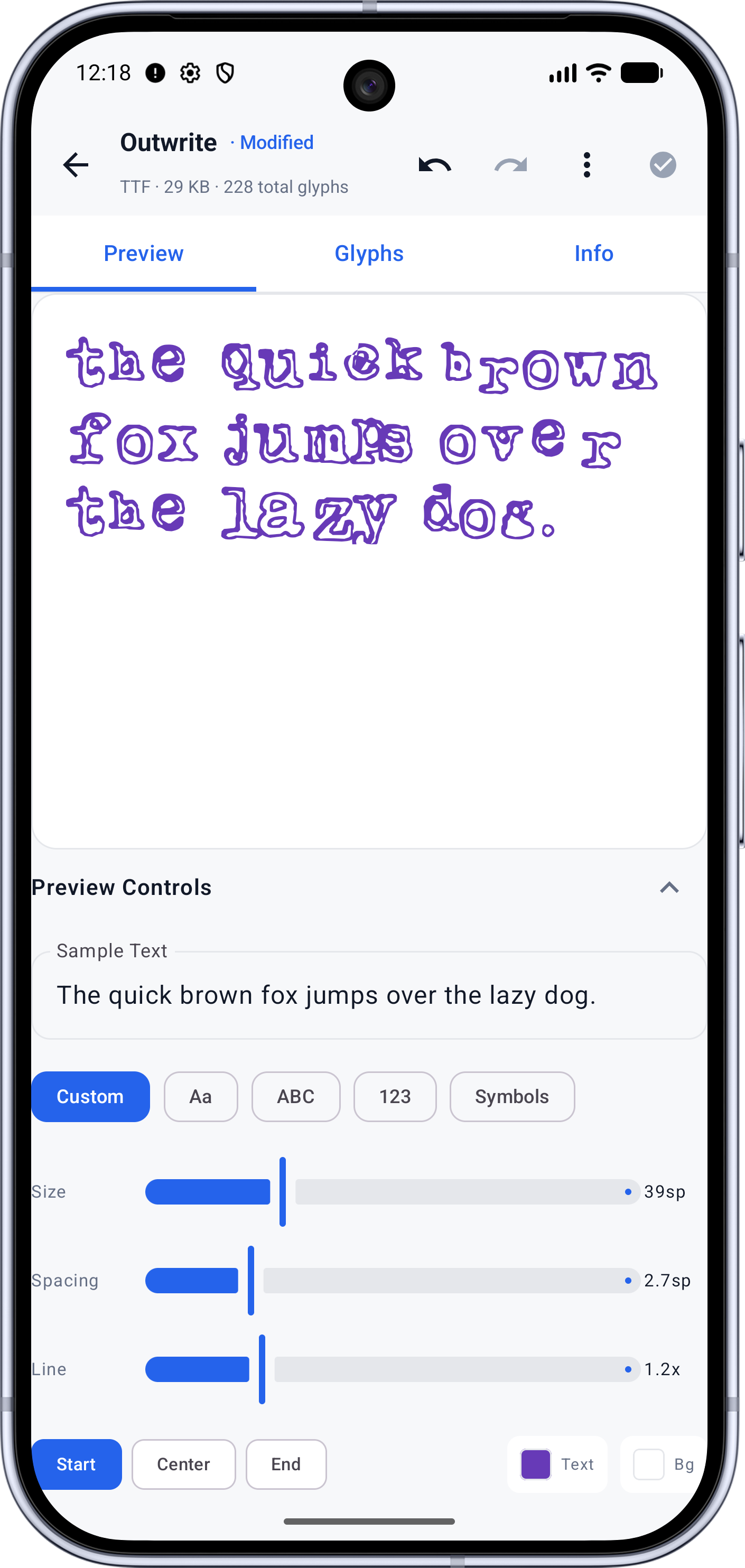 Font Studio font inspector screen