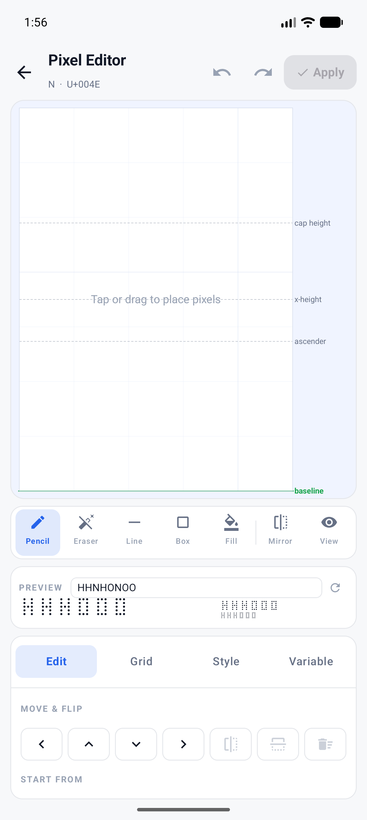Font Studio Pixel Editor on Android, drawing the letter N on a dot grid with metric guides