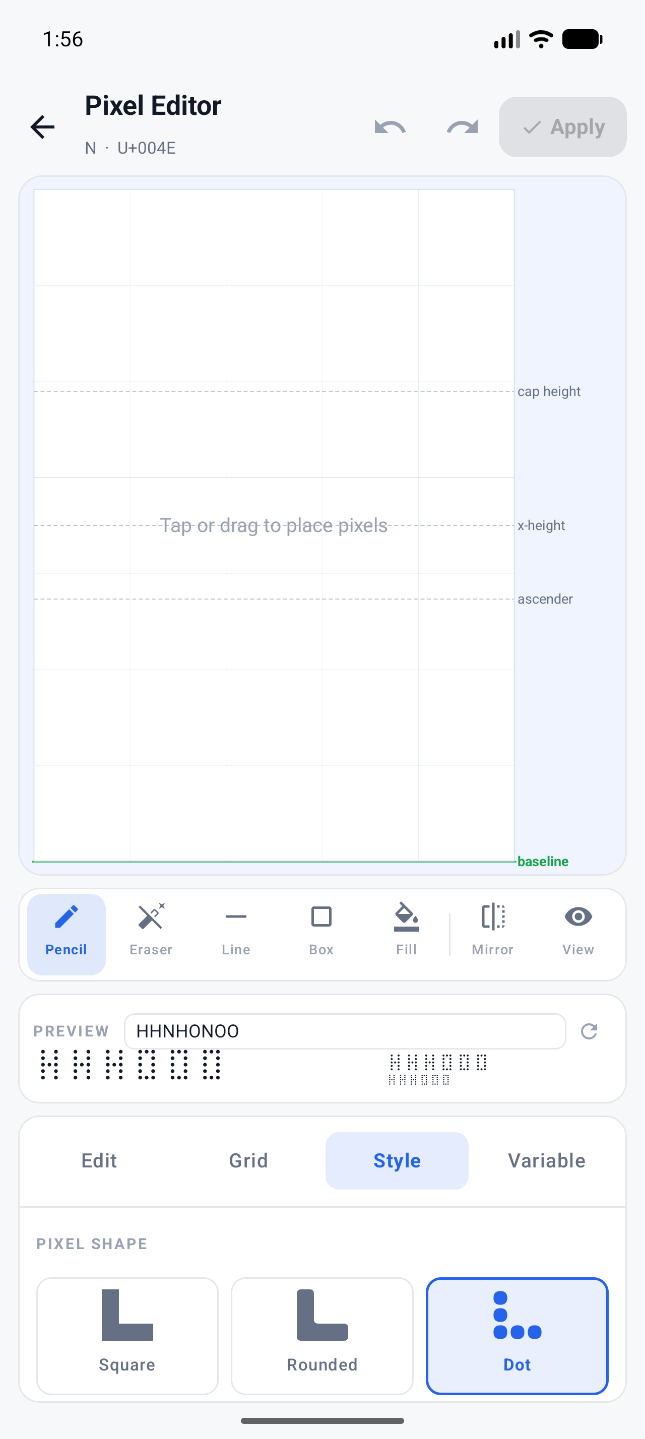 Pixel Editor Style tab with the Square, Rounded and Dot pixel shape options