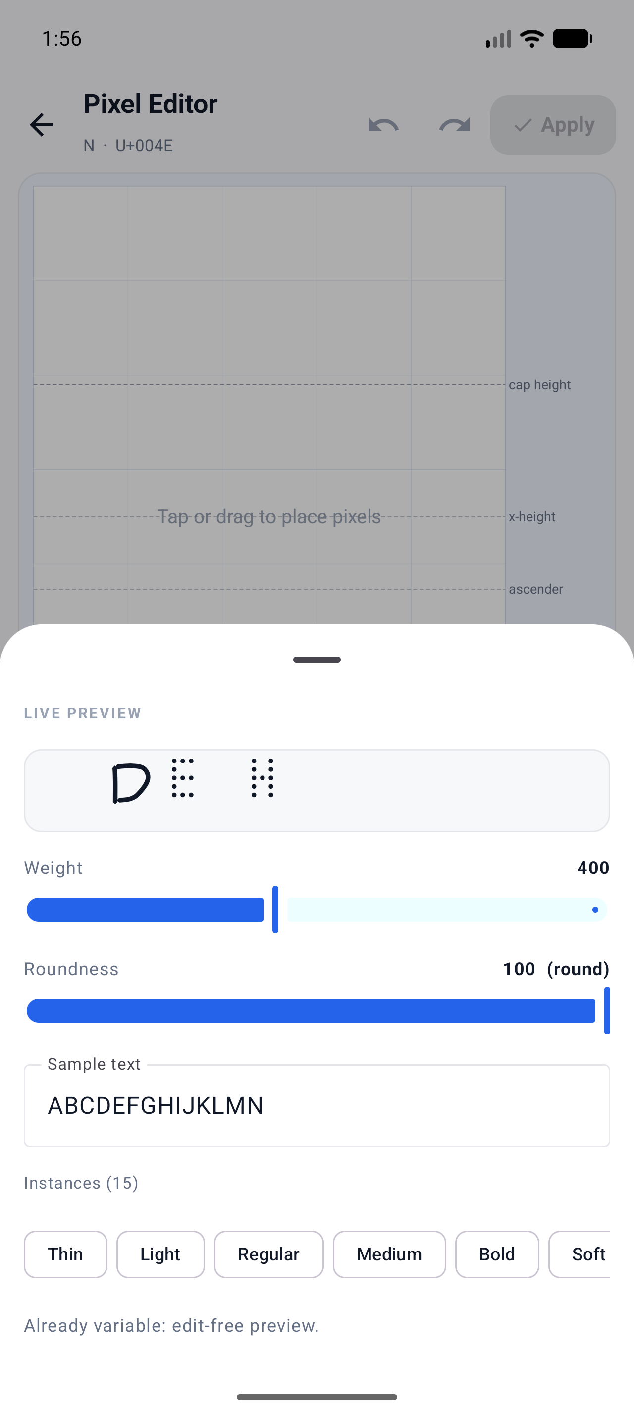 Variable dot font live preview sheet at weight 400 with Weight and Roundness sliders and instance chips