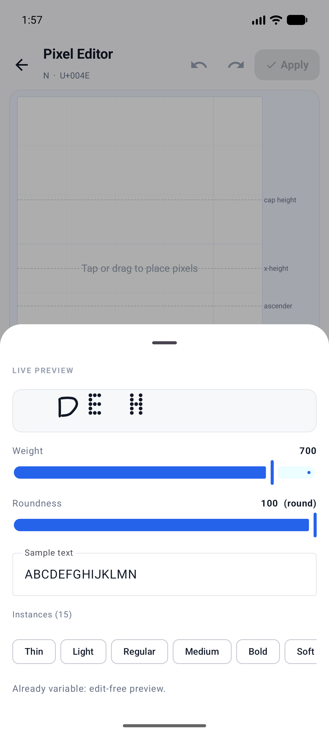 The same variable dot font preview after tapping the Bold instance chip at weight 700
