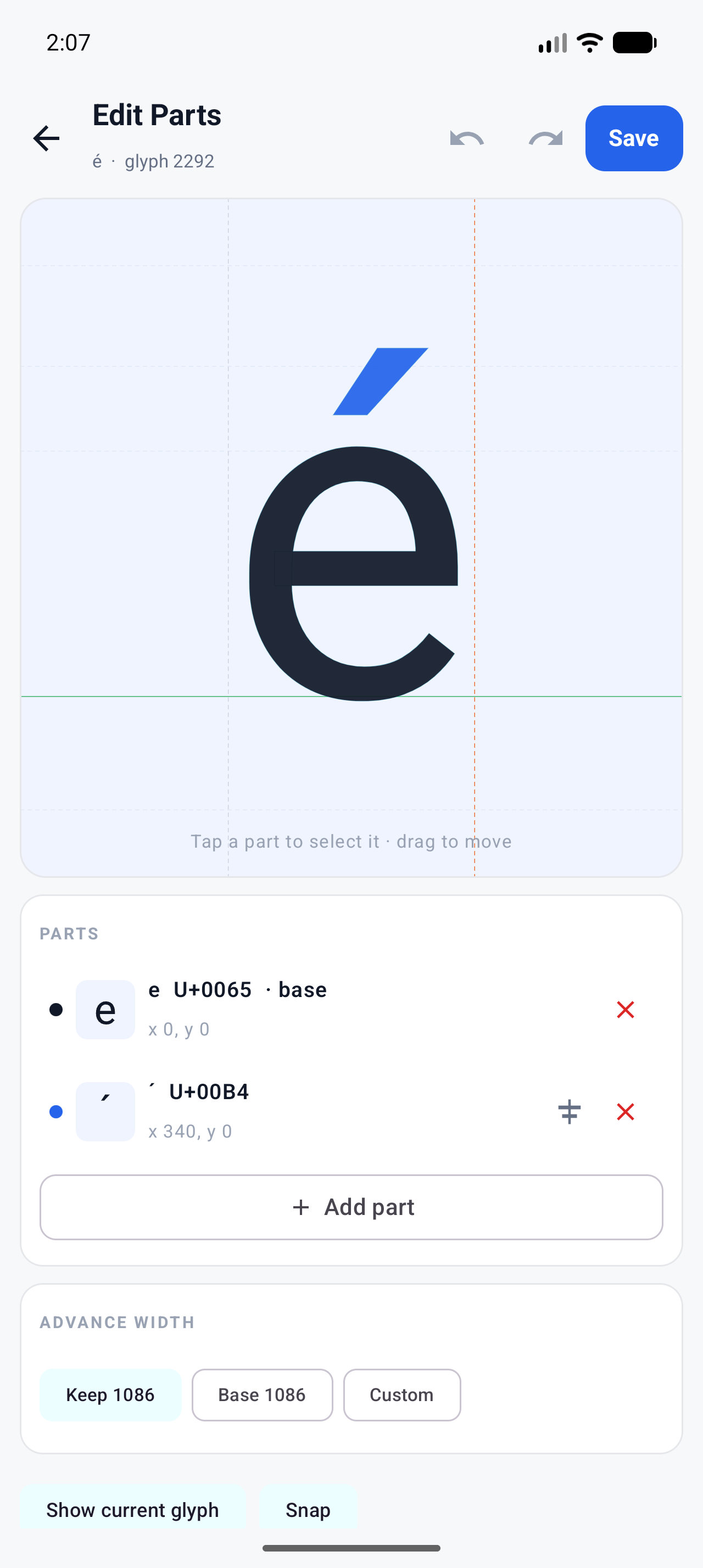 Composite Builder showing é's parts: the e base at x 0 and the acute accent at x 340