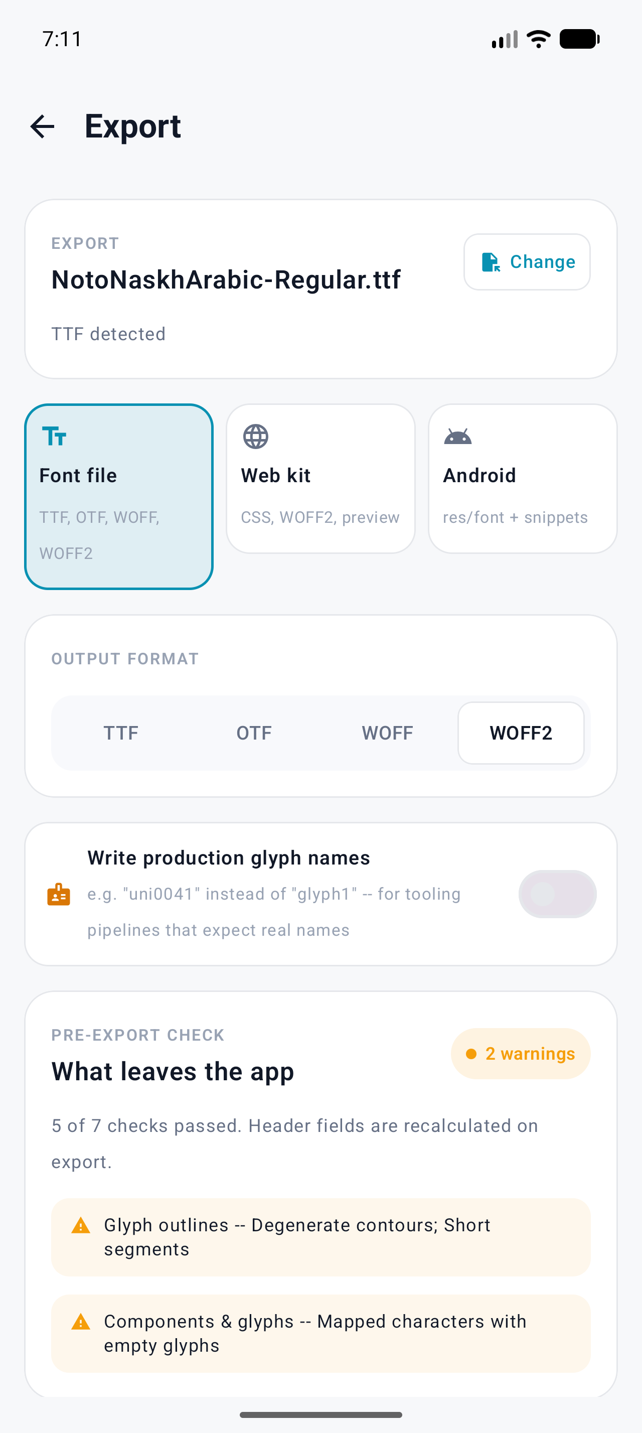 Font Studio's Export screen with the Font file card and WOFF2 selected