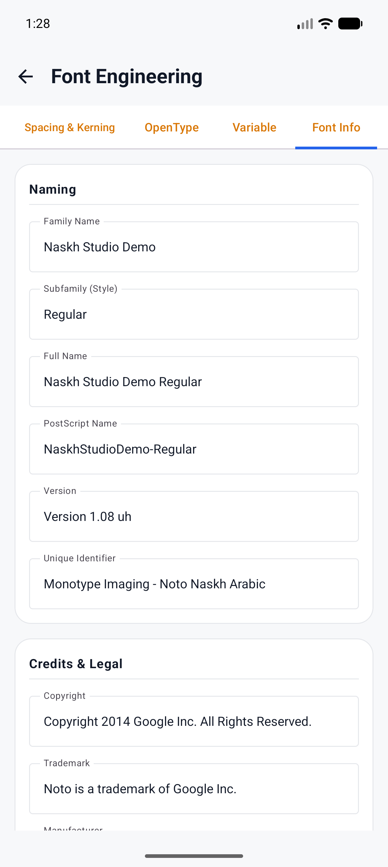 Font Studio's Font Info tab with the renamed family, full name and PostScript name