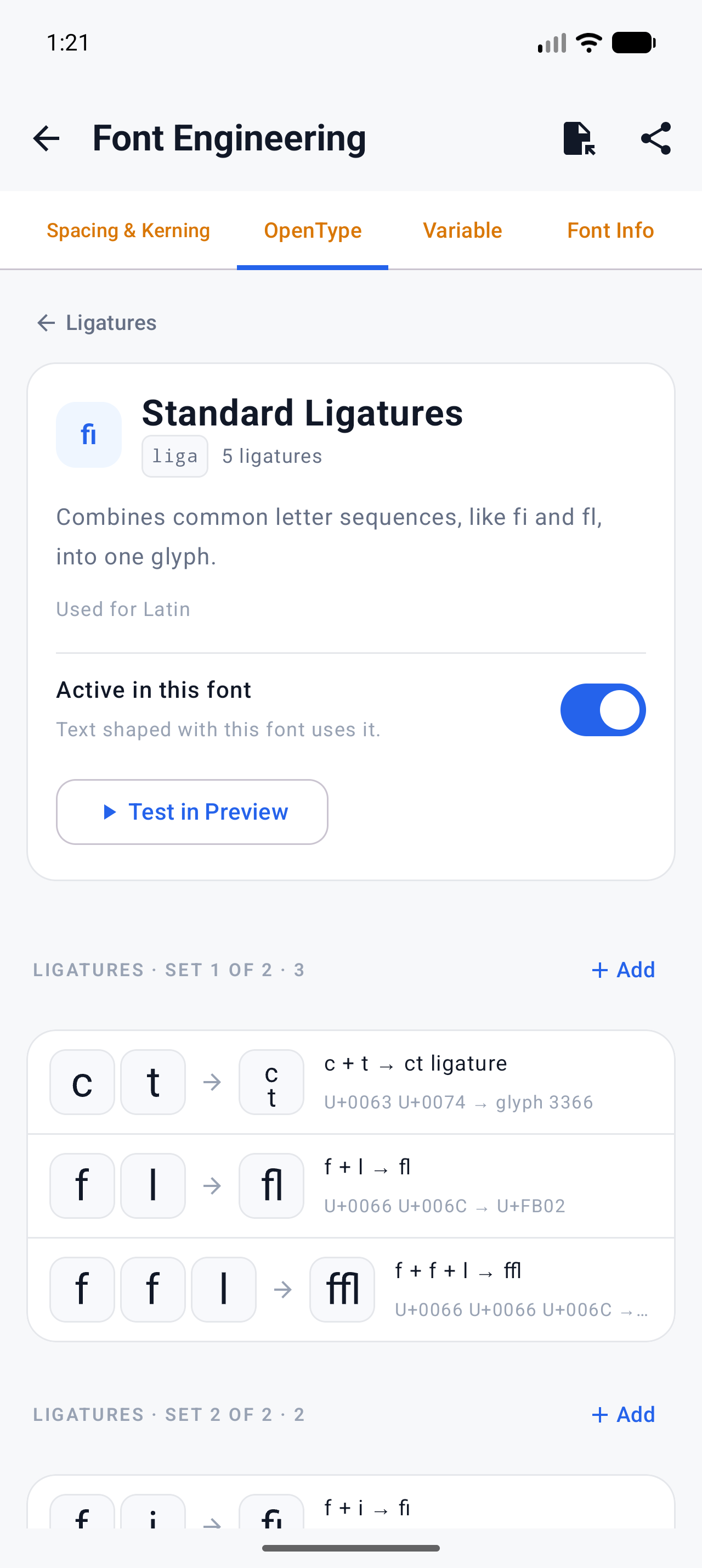 The liga feature detail listing the new c + t rule alongside fi, ffi and fl