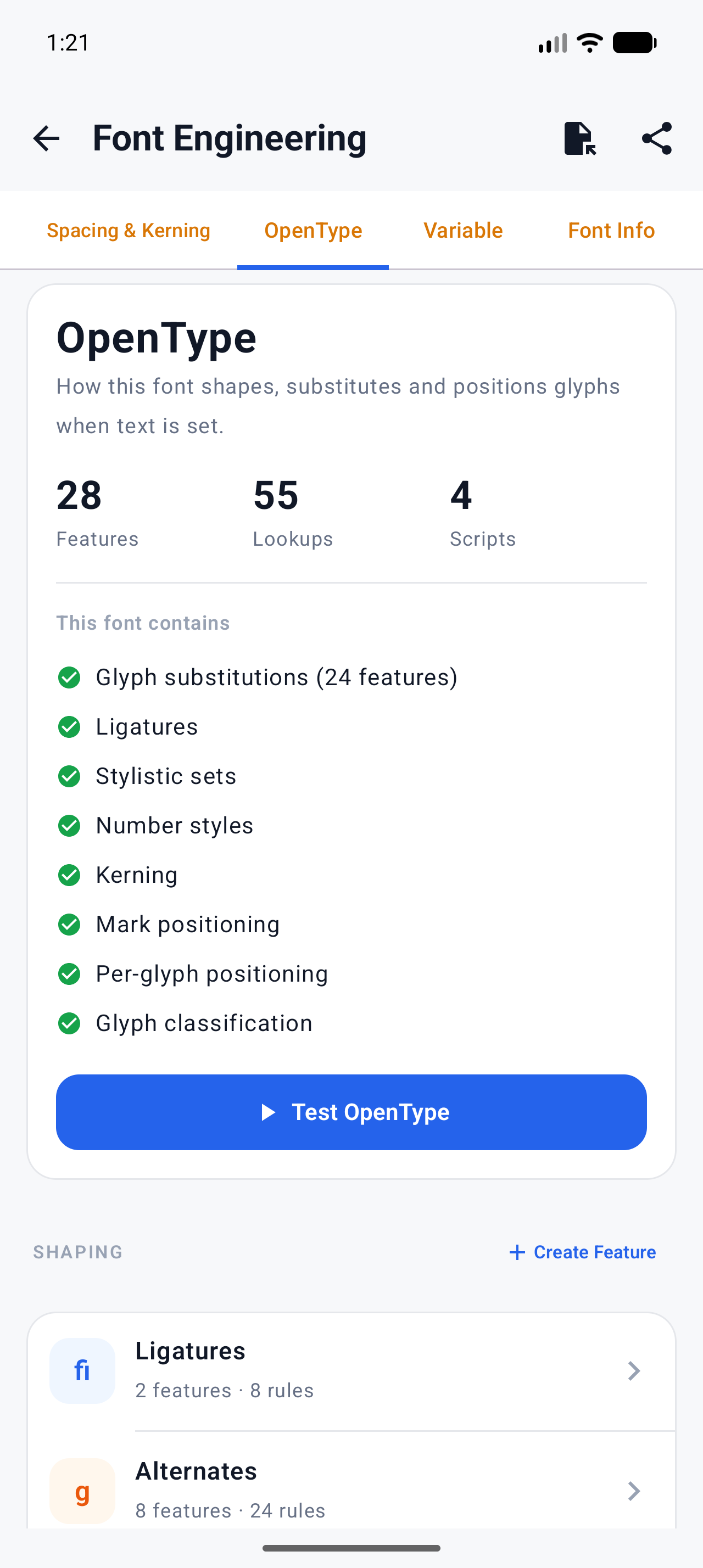 Font Studio's OpenType tab listing the Ligatures category among Roboto's 24 substitution features