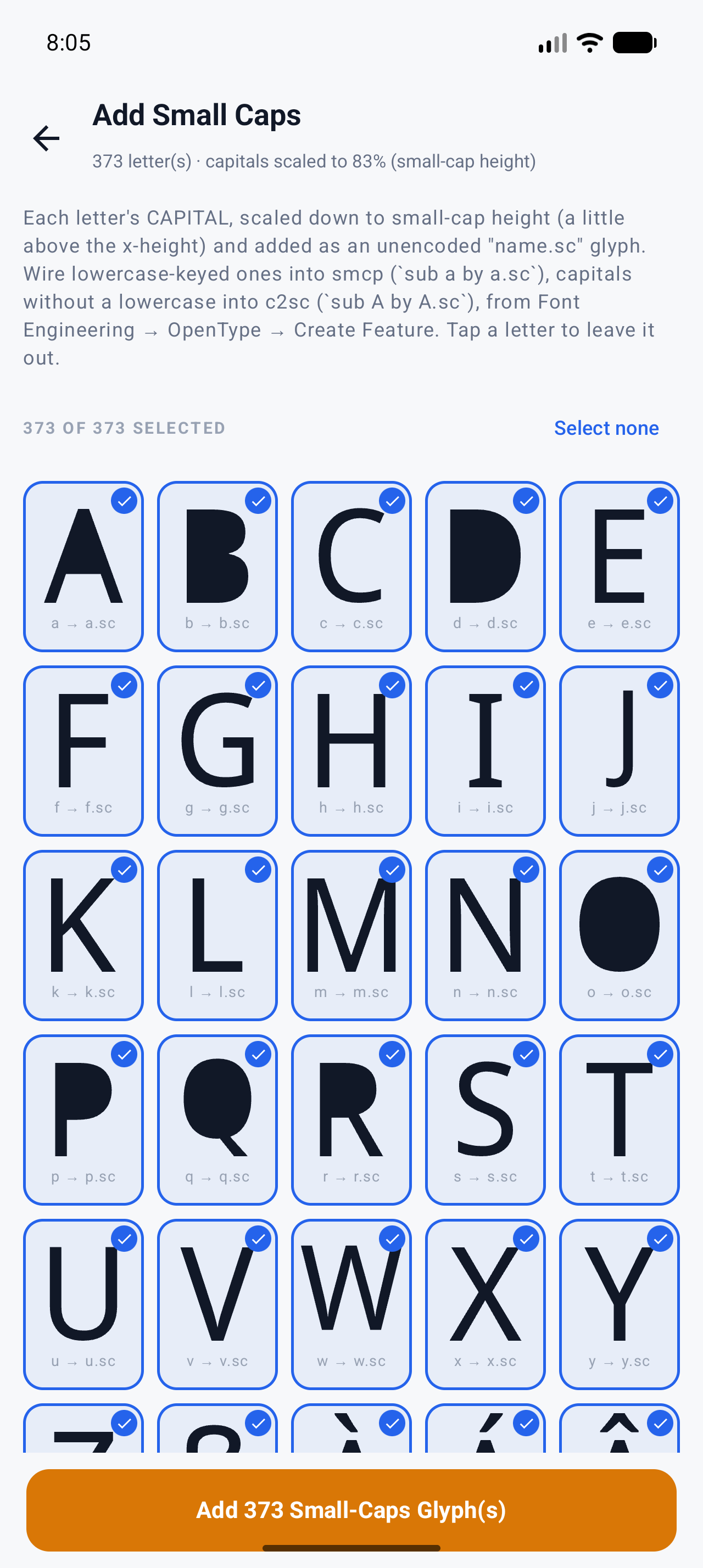 The Small Caps planner showing letter tiles and the small-cap height note