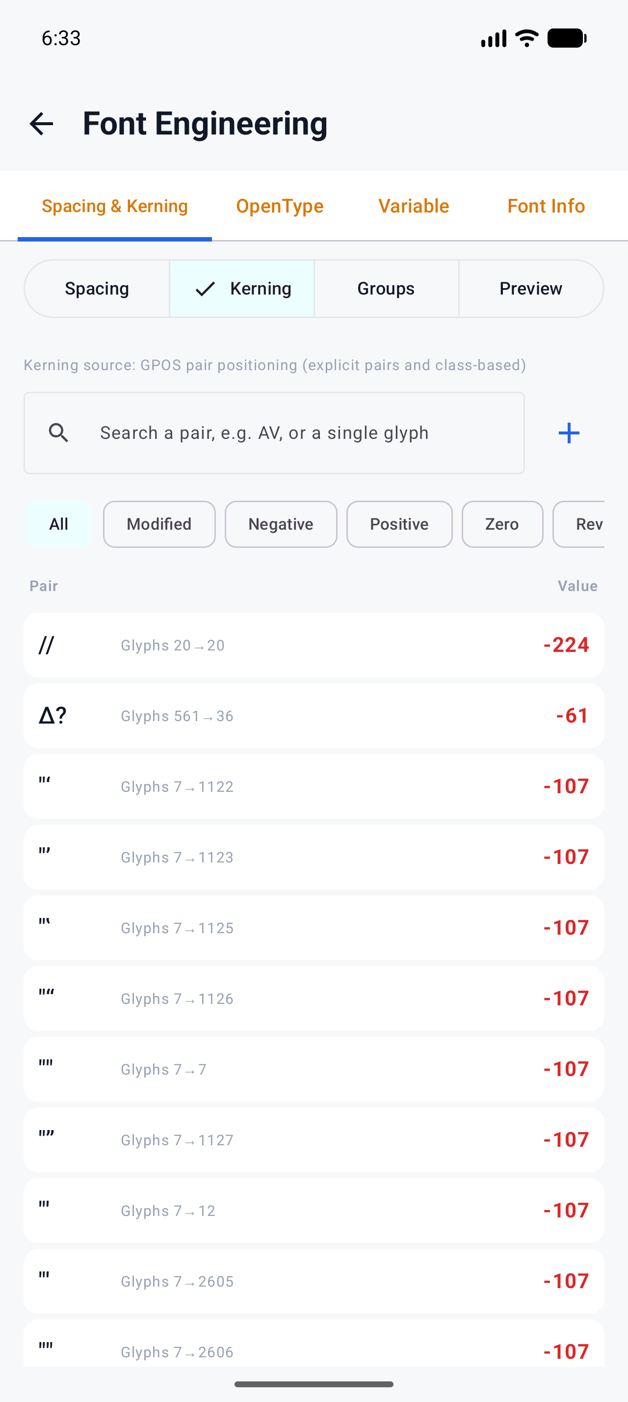 Font Studio's Spacing & Kerning tab showing the kerning pair list with the GPOS source readout