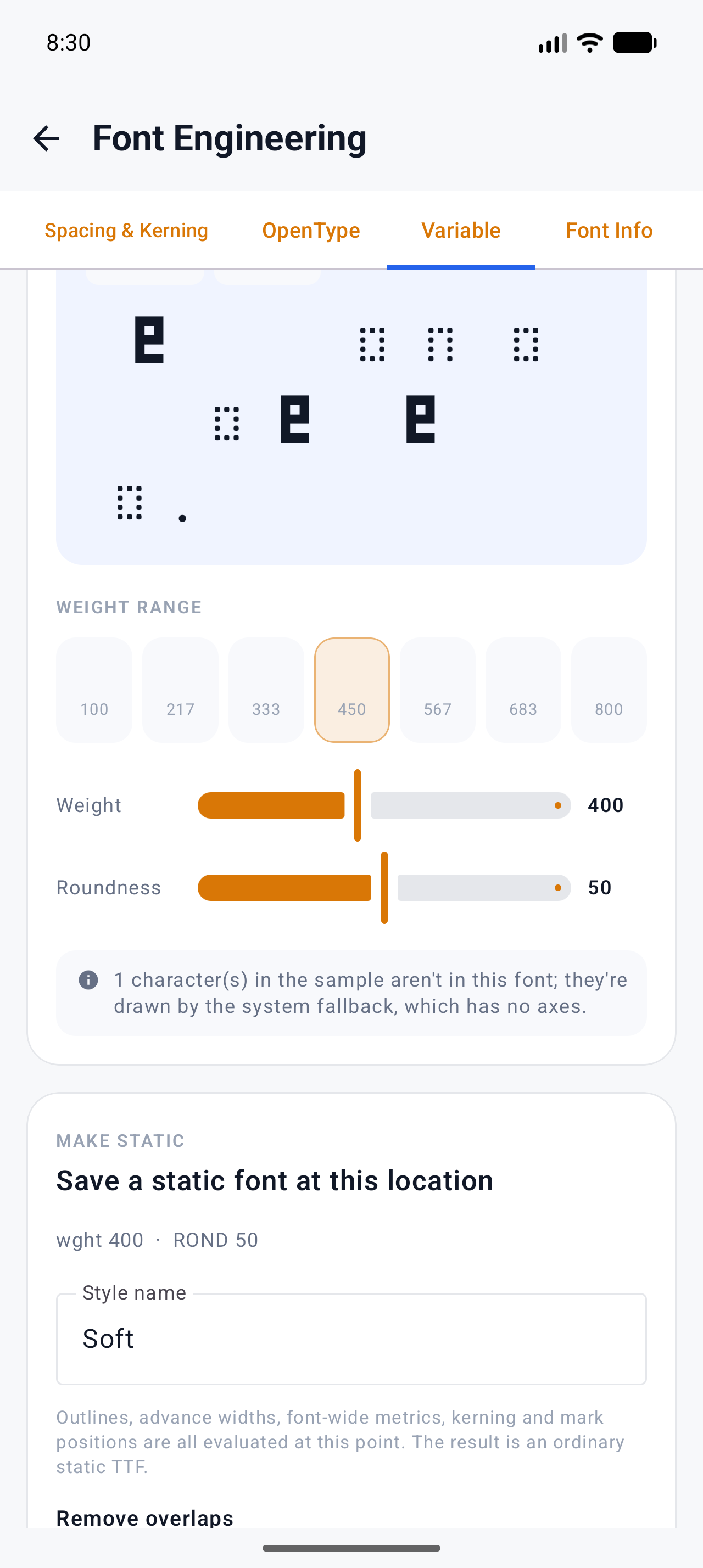 The Variable tab with wght and ROND sliders and the Make static card