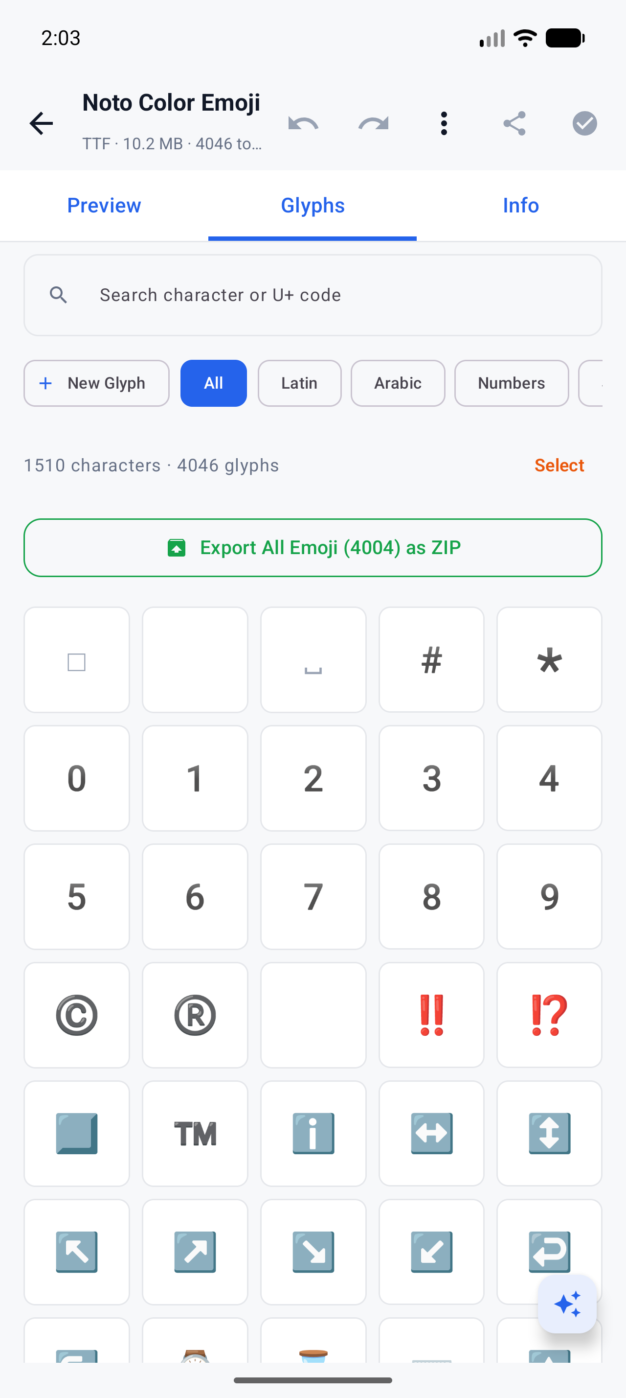 Font Studio Glyphs tab showing decoded color emoji thumbnails of a CBDT Noto Color Emoji font