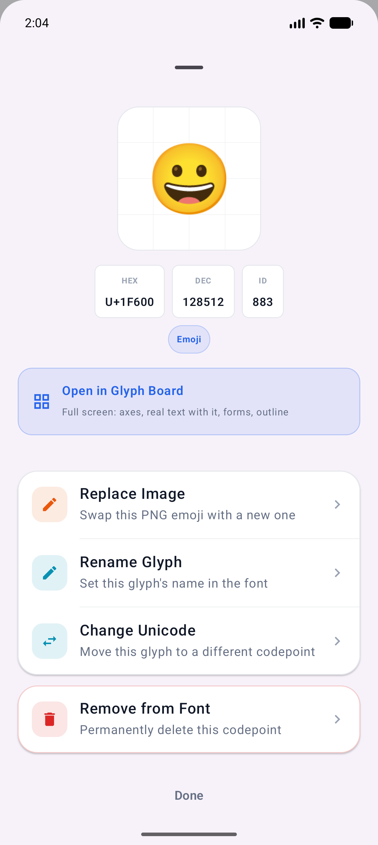 Emoji glyph detail sheet for U+1F600 with the free Replace Image action highlighted
