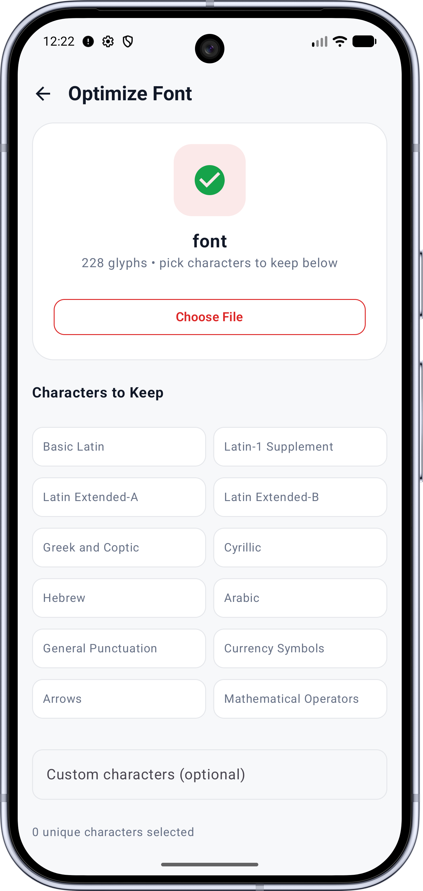 Font Studio subsetter screen