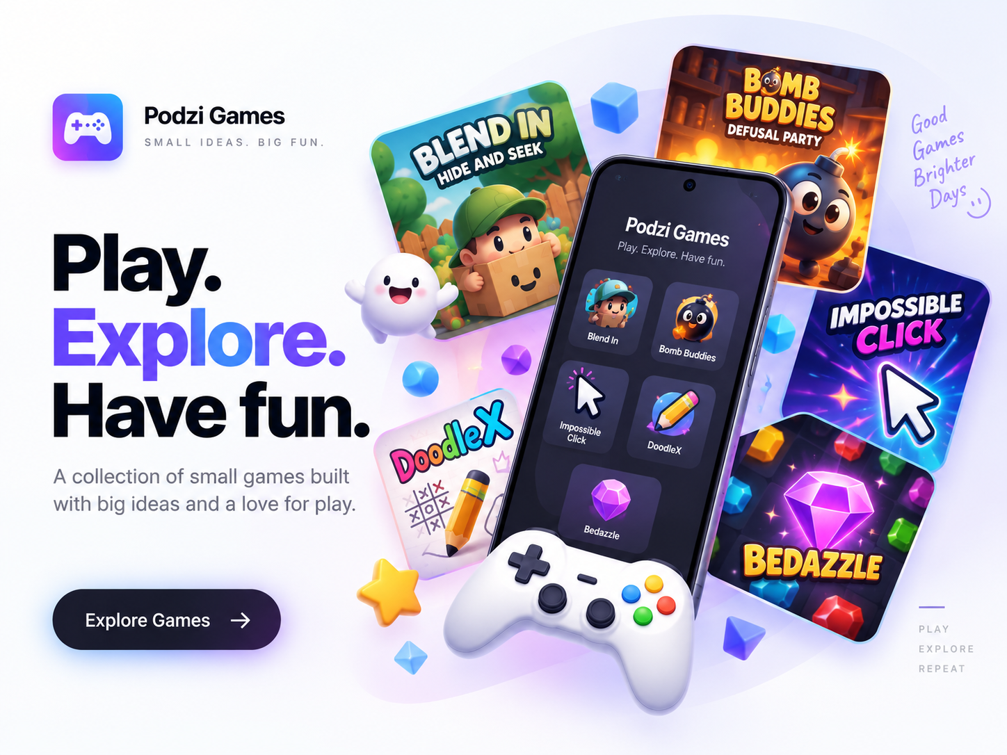 Podzi Games lineup — Blend In, Bomb Buddies, Impossible Click, DoodleX and Bedazzle