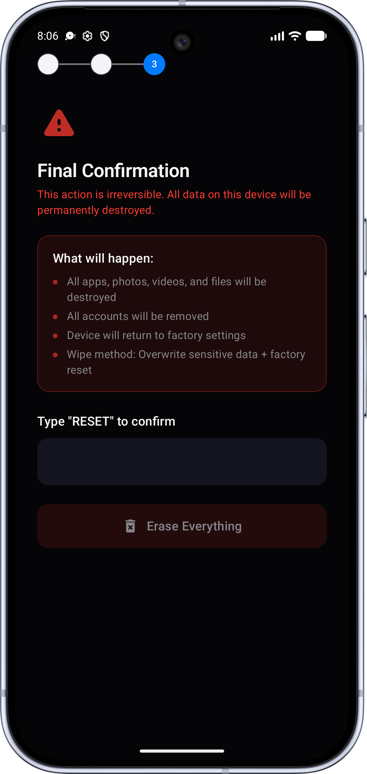 Secure Wipe confirmation screen