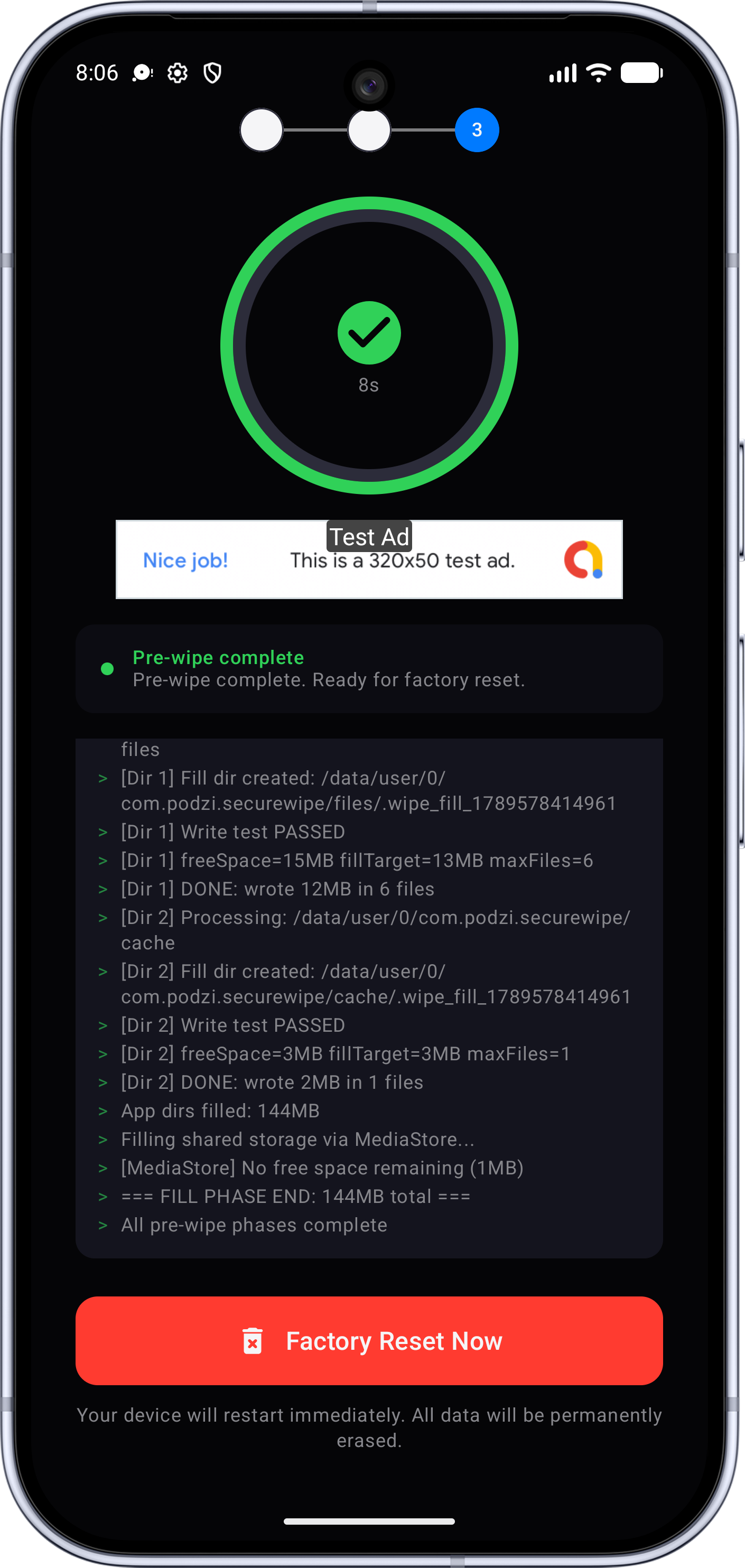 Secure Wipe progress screen